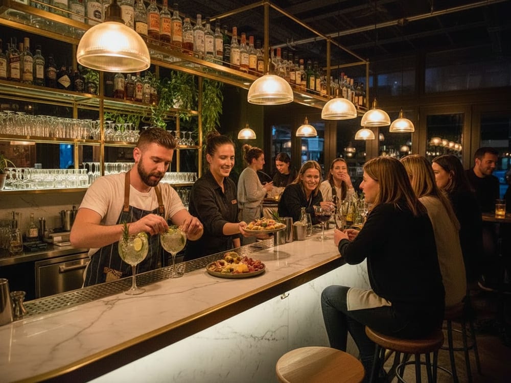 Bar de noche con barra de mármol: el barman prepara gin tonics, la moza sirve una picada y los clientes charlan en la barra